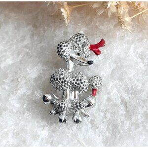 Poodle Figural Silver Toned Red Accented Vintage Costume Jewelry Brooch